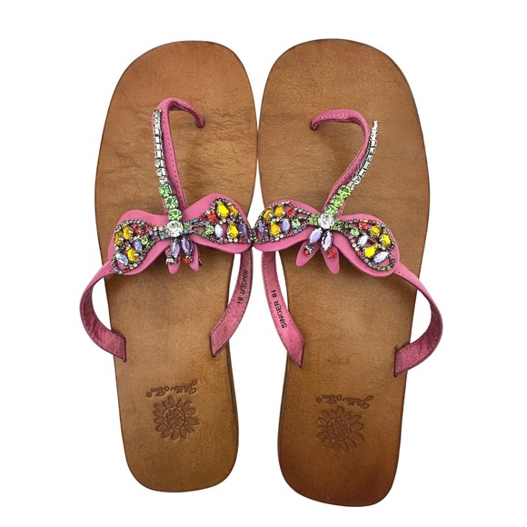 Yellow Box Singer Pink Leather Dragonfly Beaded Rhinestone Flip Flop Sandals 8.5 - Picture 6 of 7